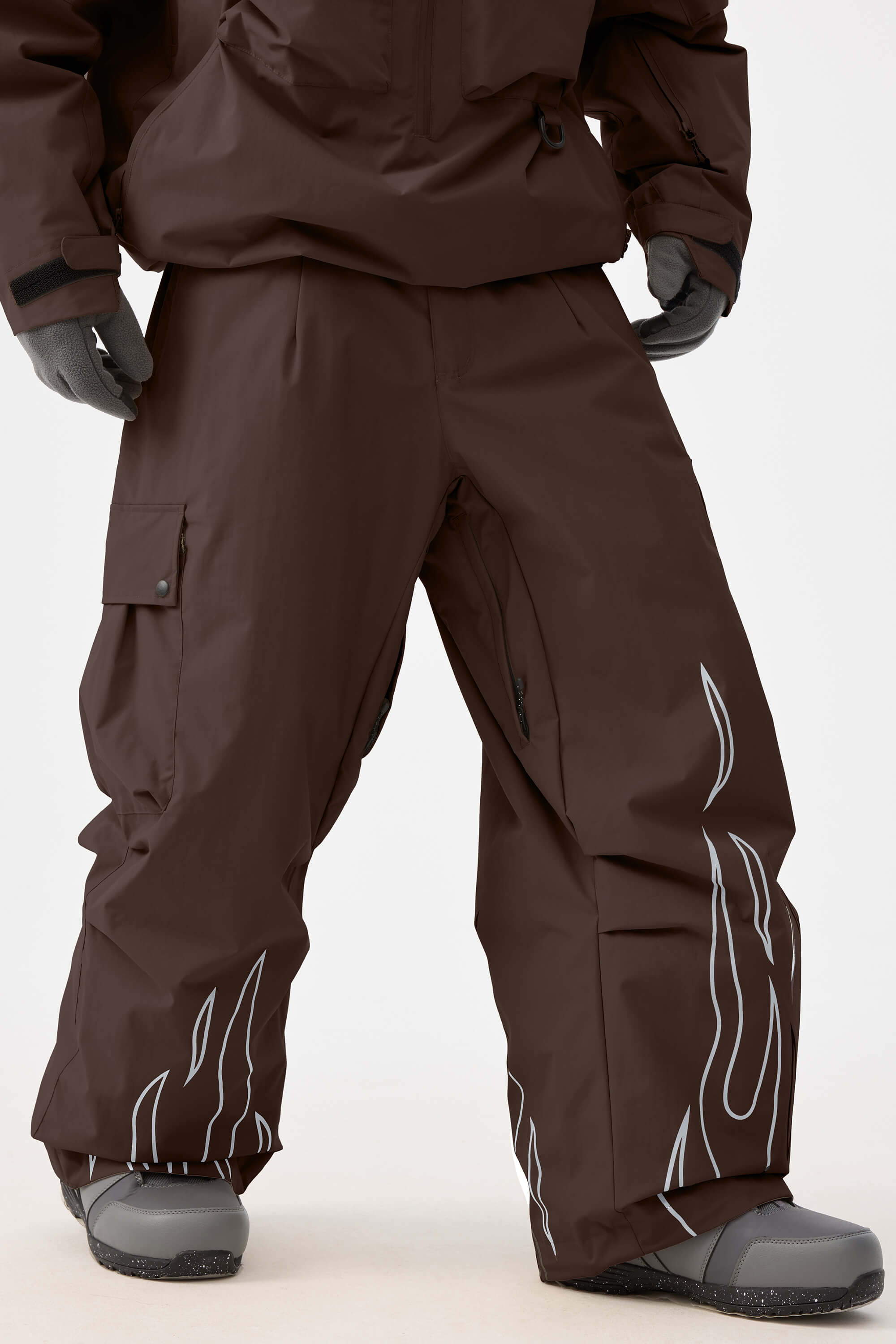 Men's Coffee Reflective Flame Ski Pants Baggy Utility Snow Pants