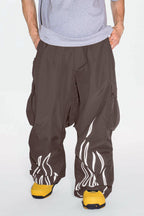 Men's Black Reflective Flame Ski Pants Baggy Utility Snow Pants