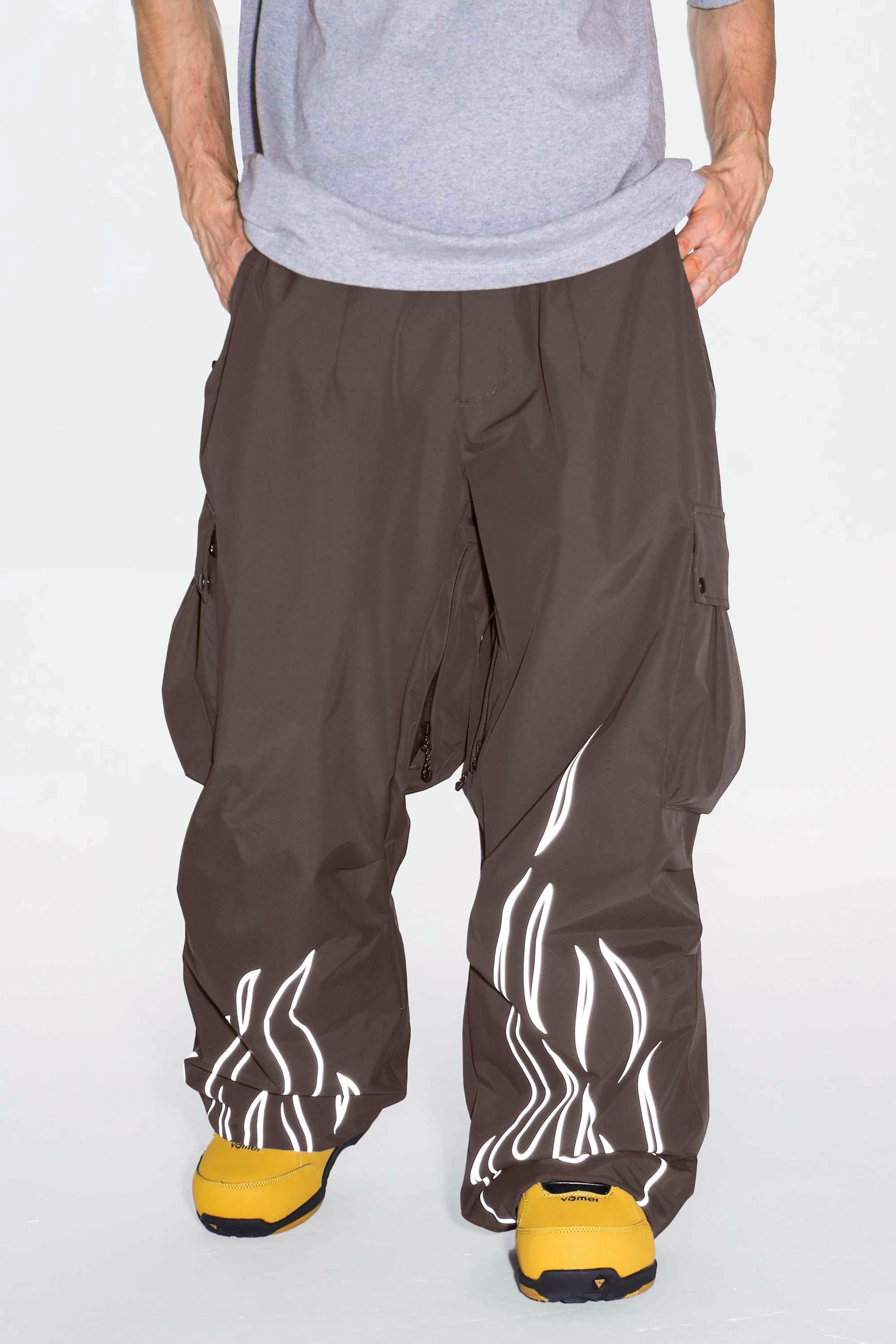 Men's Khaki Reflective Flame Ski Pants Baggy Utility Snow Pants