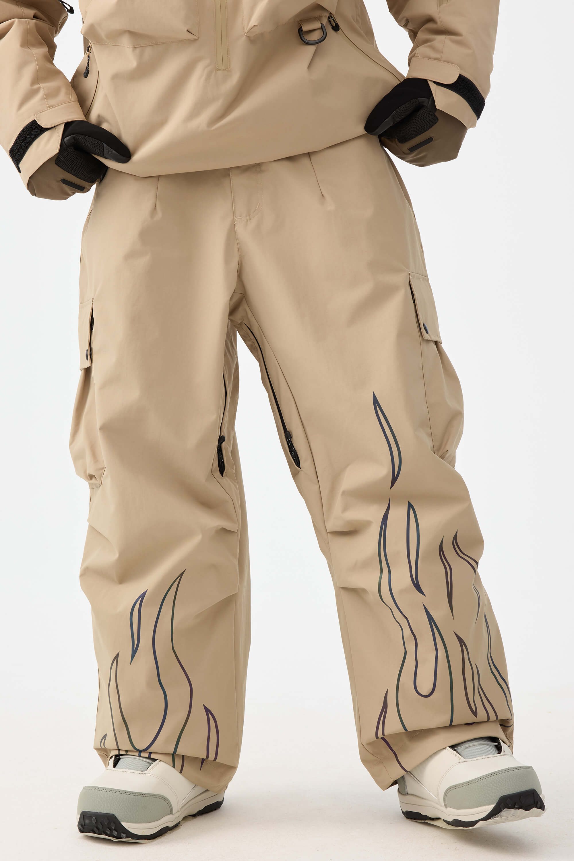 Women's Khaki Reflective Flame Ski Pants Baggy Utility Snow Pants Main image