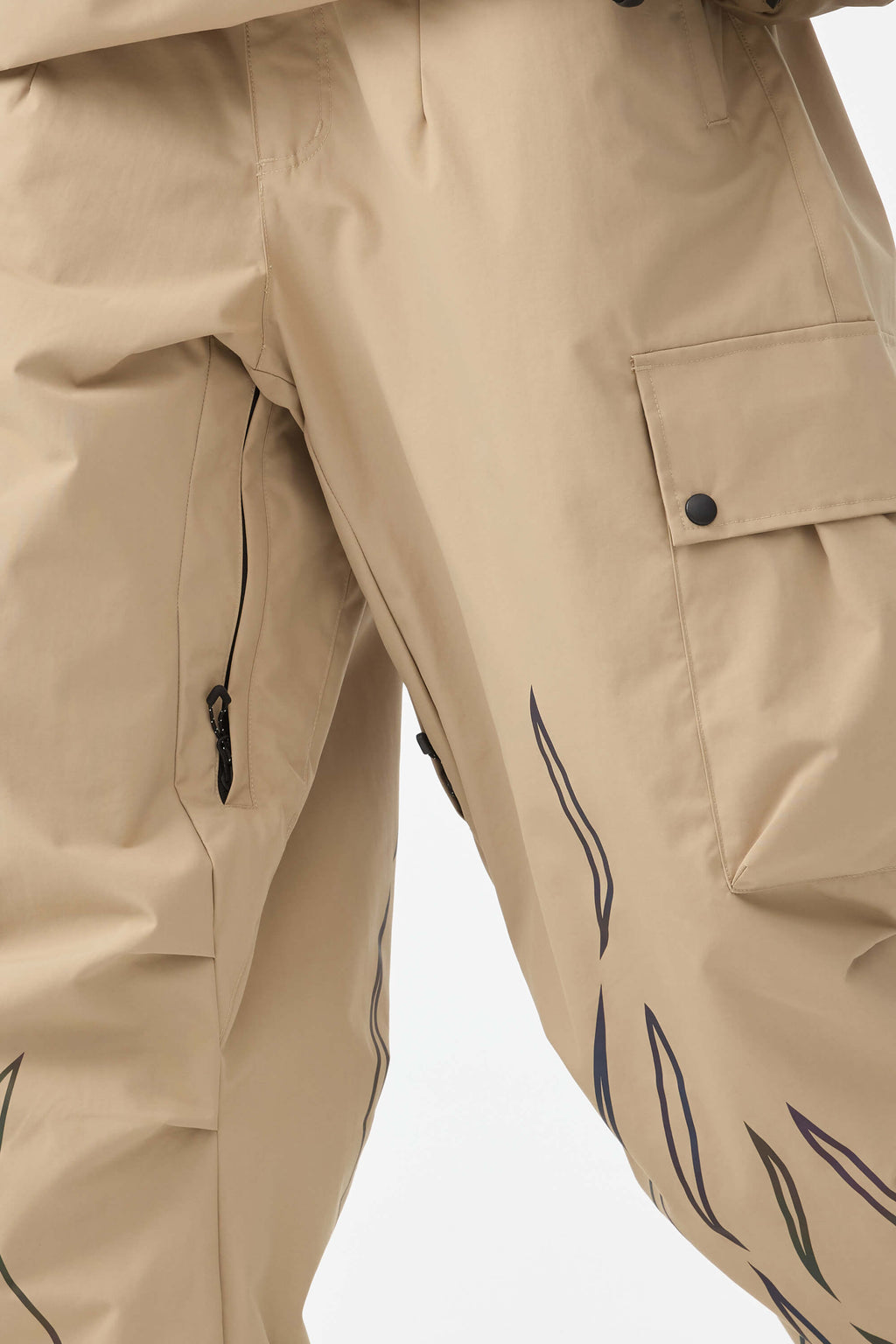 Women's Khaki Reflective Flame Ski Pants Baggy Utility Snow Pants