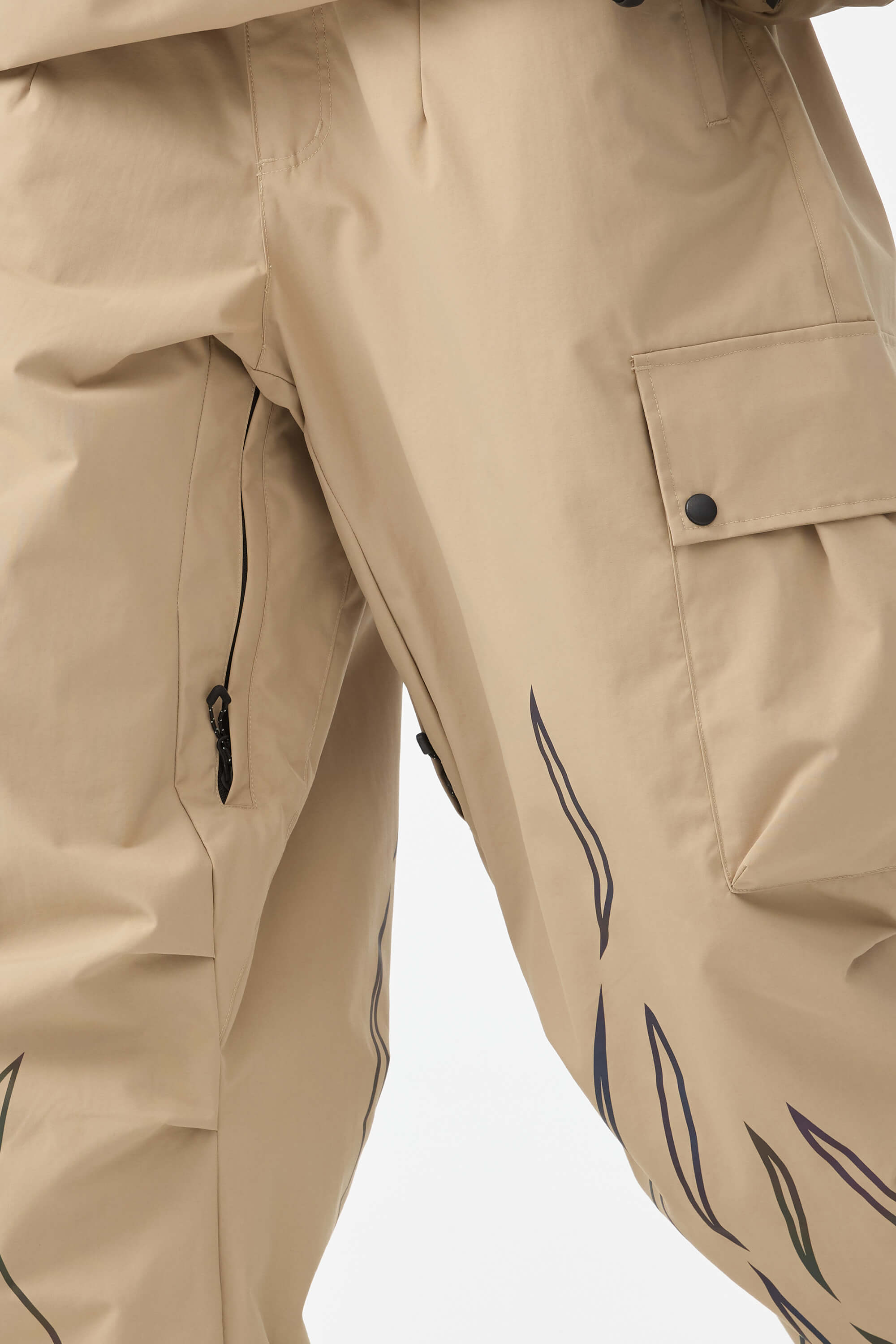 Women's Khaki Reflective Flame Ski Pants Baggy Utility Snow Pants