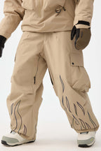 Women's Khaki Reflective Flame Ski Pants Baggy Utility Snow Pants