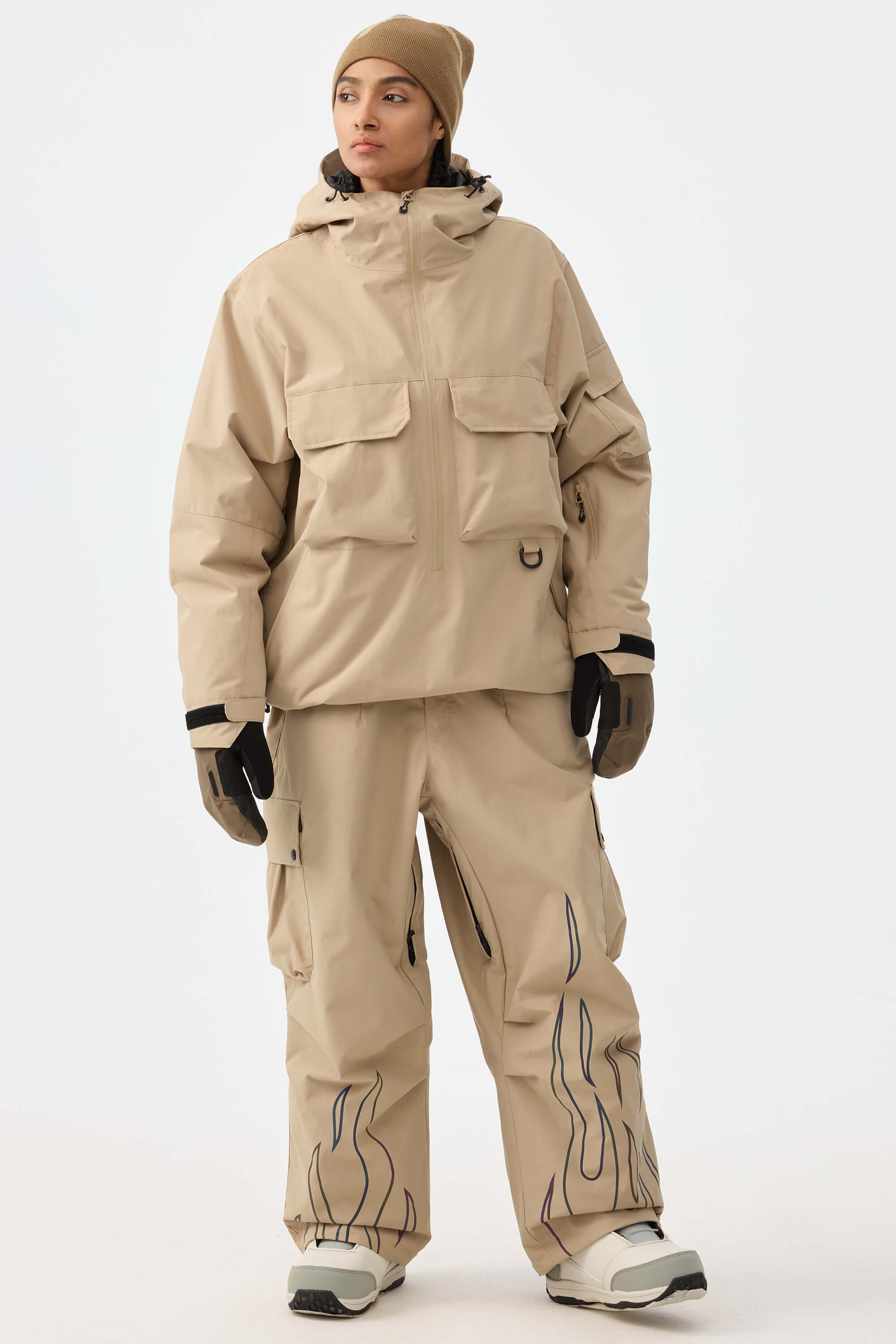 Women's Khaki Reflective Flame Ski Pants Baggy Utility Snow Pants