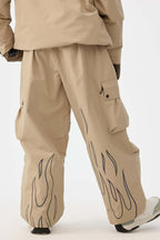 Women's Khaki Reflective Flame Ski Pants Baggy Utility Snow Pants
