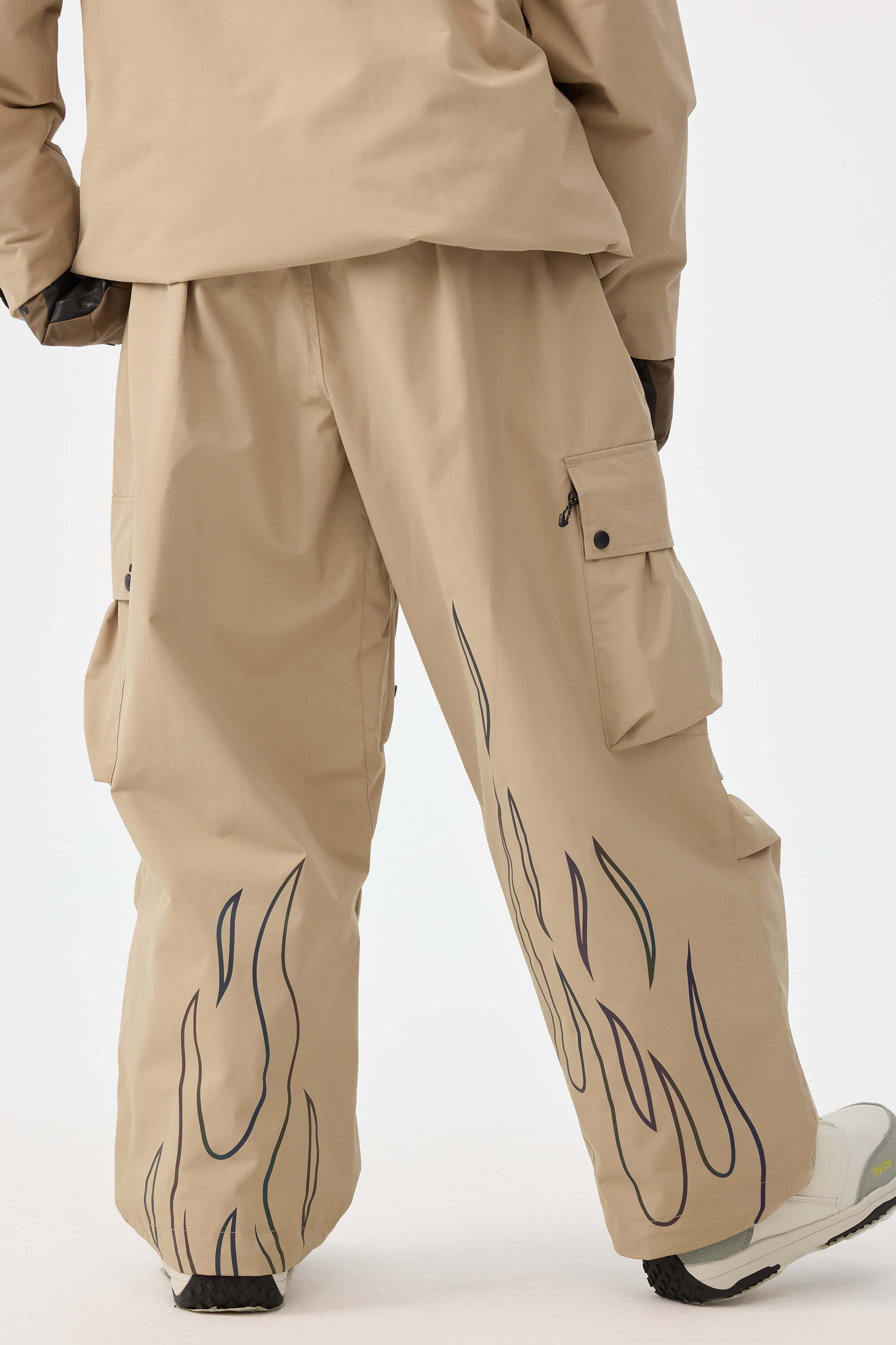 Women's Khaki Reflective Flame Ski Pants Baggy Utility Snow Pants