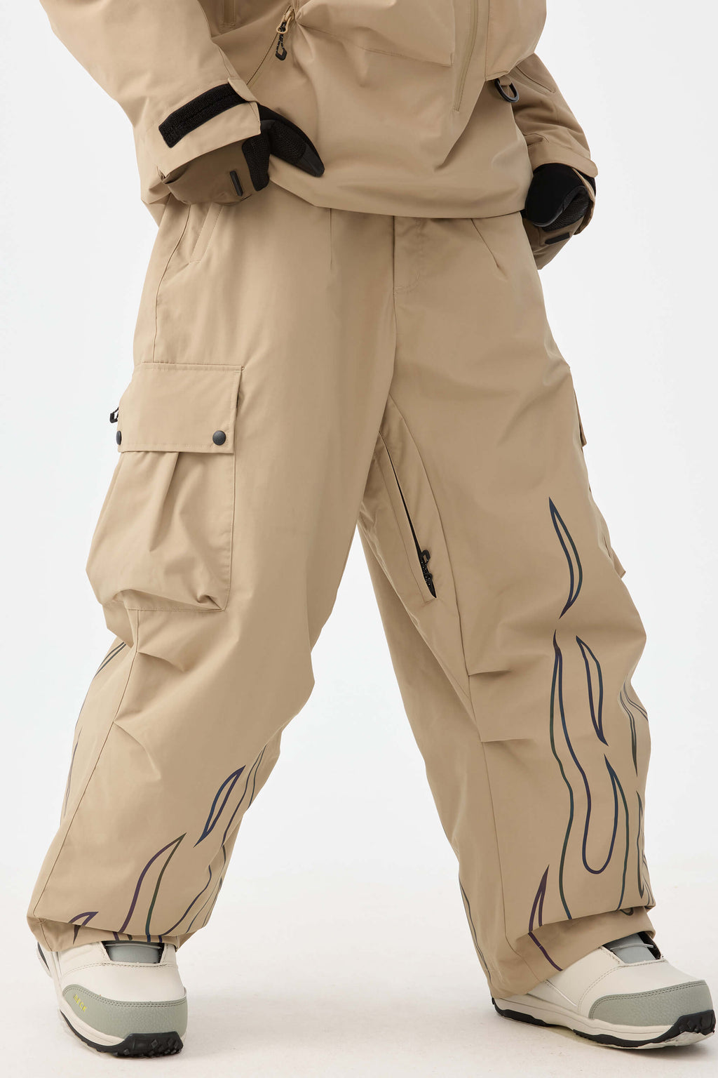 Women's Khaki Reflective Flame Ski Pants Baggy Utility Snow Pants