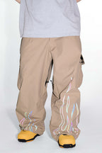 Women's Coffee Reflective Flame Ski Pants Baggy Utility Snow Pants