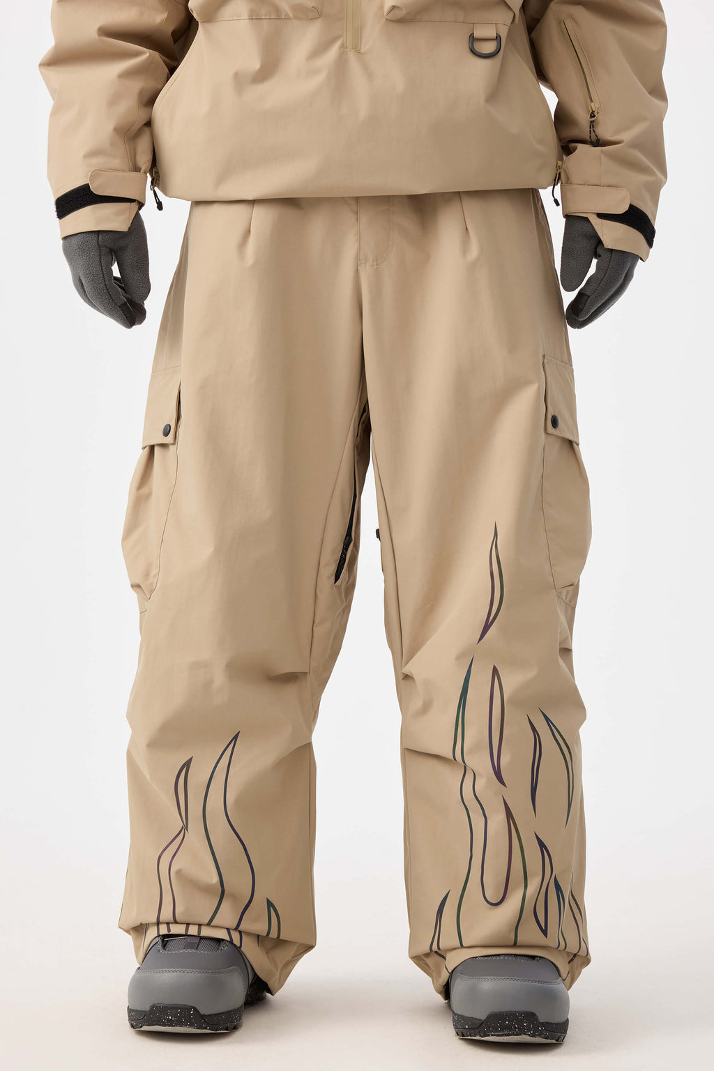 Men's Khaki Reflective Flame Ski Pants Baggy Utility Snow Pants