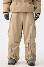 Men's Khaki Reflective Flame Ski Pants Baggy Utility Snow Pants