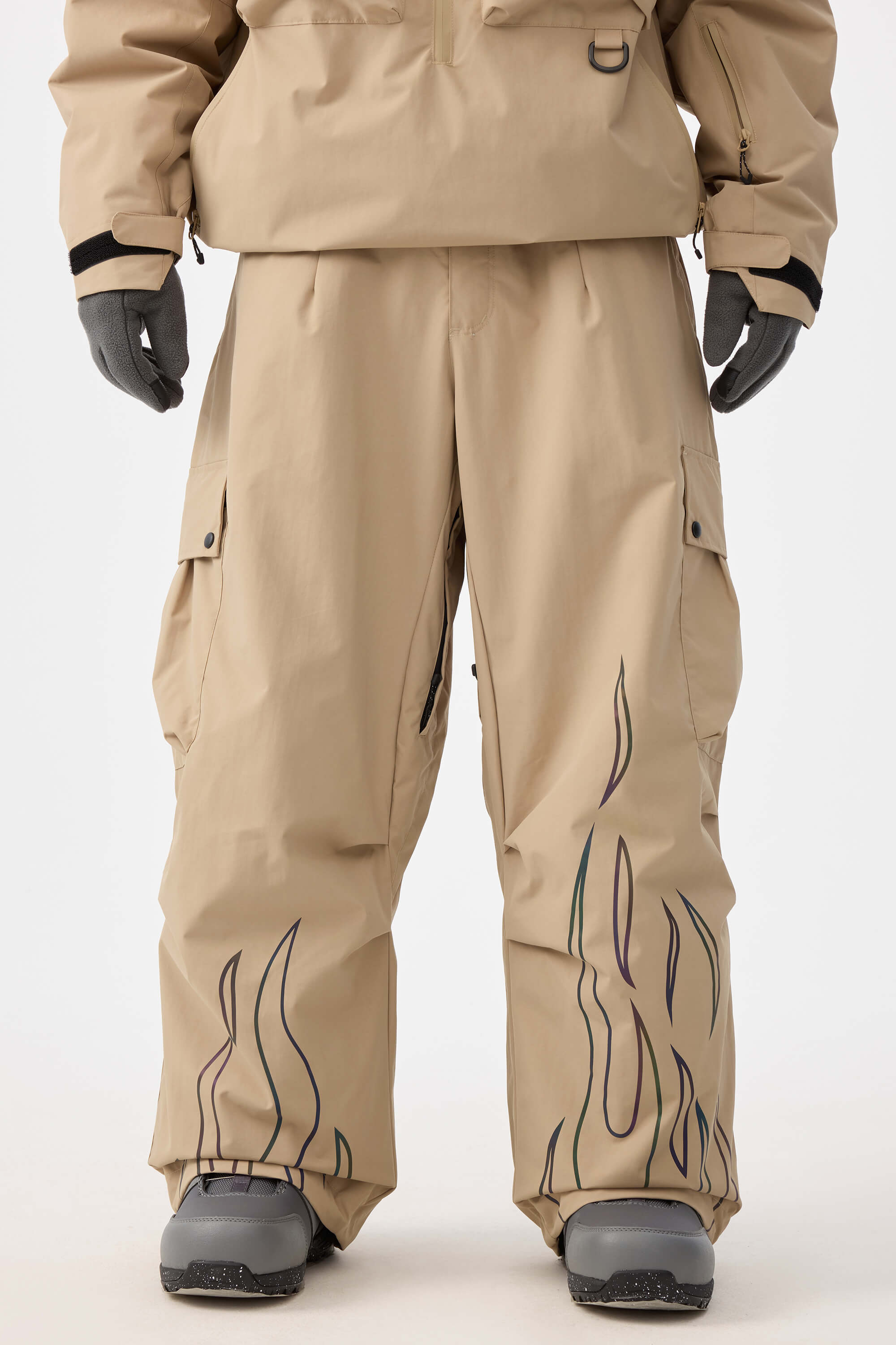Men's Khaki Reflective Flame Ski Pants Baggy Utility Snow Pants