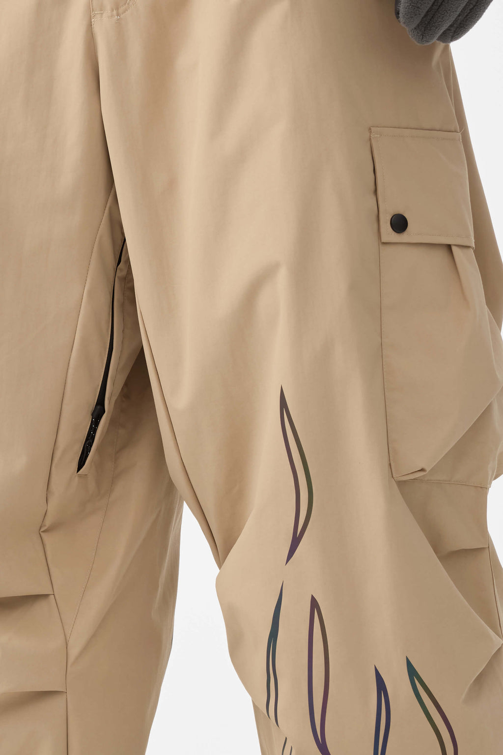 Men's Khaki Reflective Flame Ski Pants Baggy Utility Snow Pants