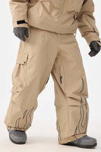 Men's Khaki Reflective Flame Ski Pants Baggy Utility Snow Pants