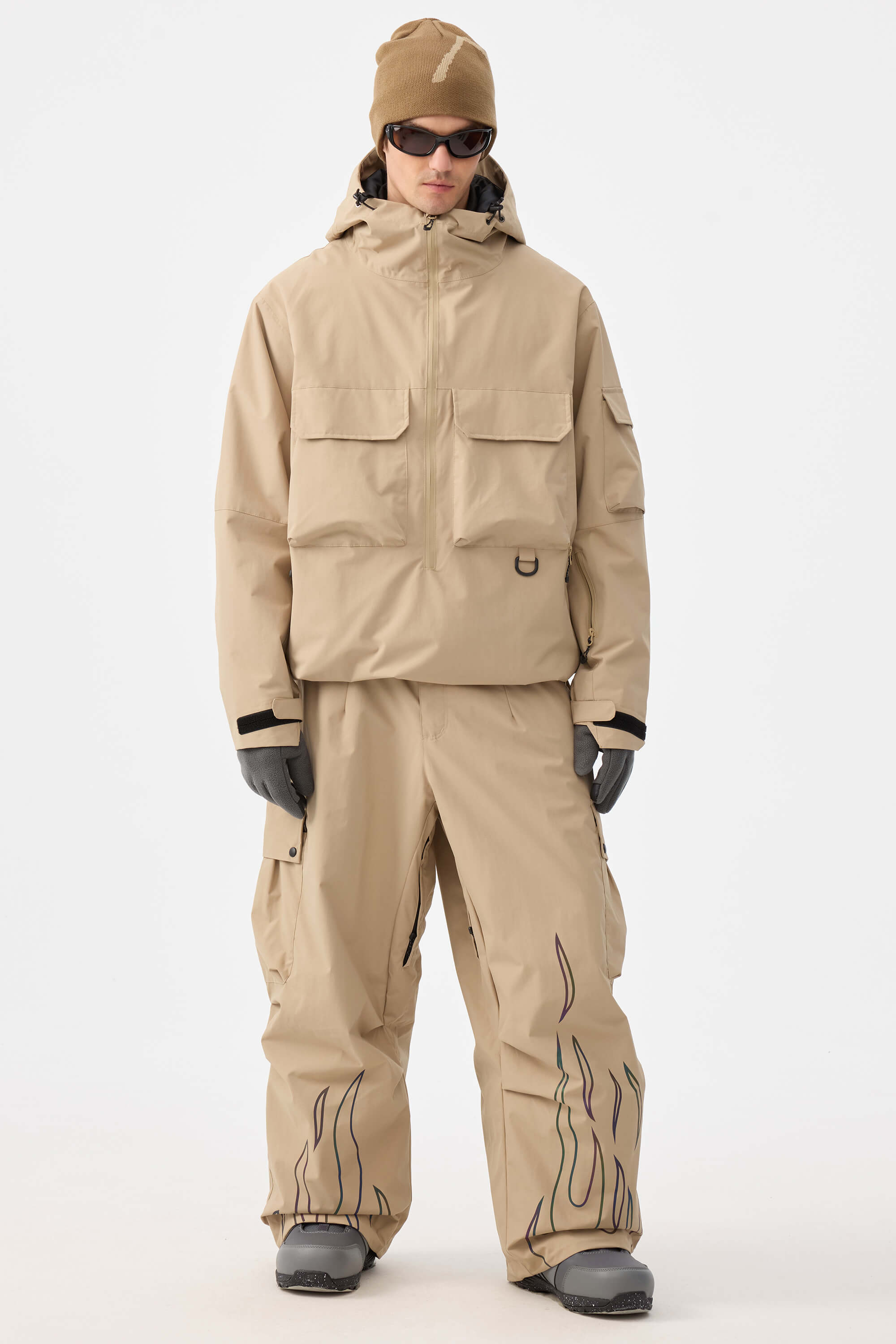 Men's Coffee Reflective Flame Ski Pants Baggy Utility Snow Pants