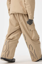 Men's Khaki Reflective Flame Ski Pants Baggy Utility Snow Pants