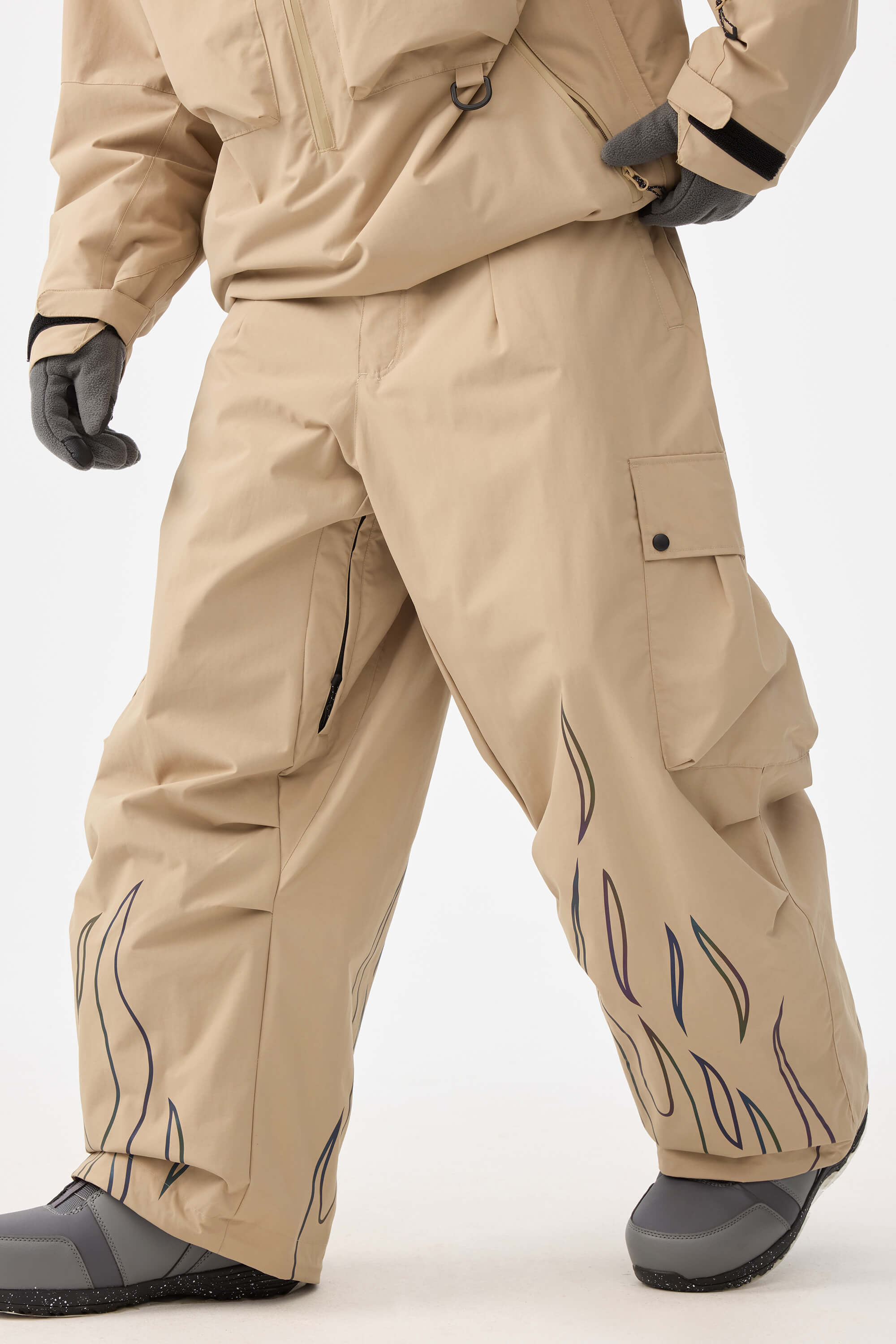 Men's Khaki Reflective Flame Ski Pants Baggy Utility Snow Pants
