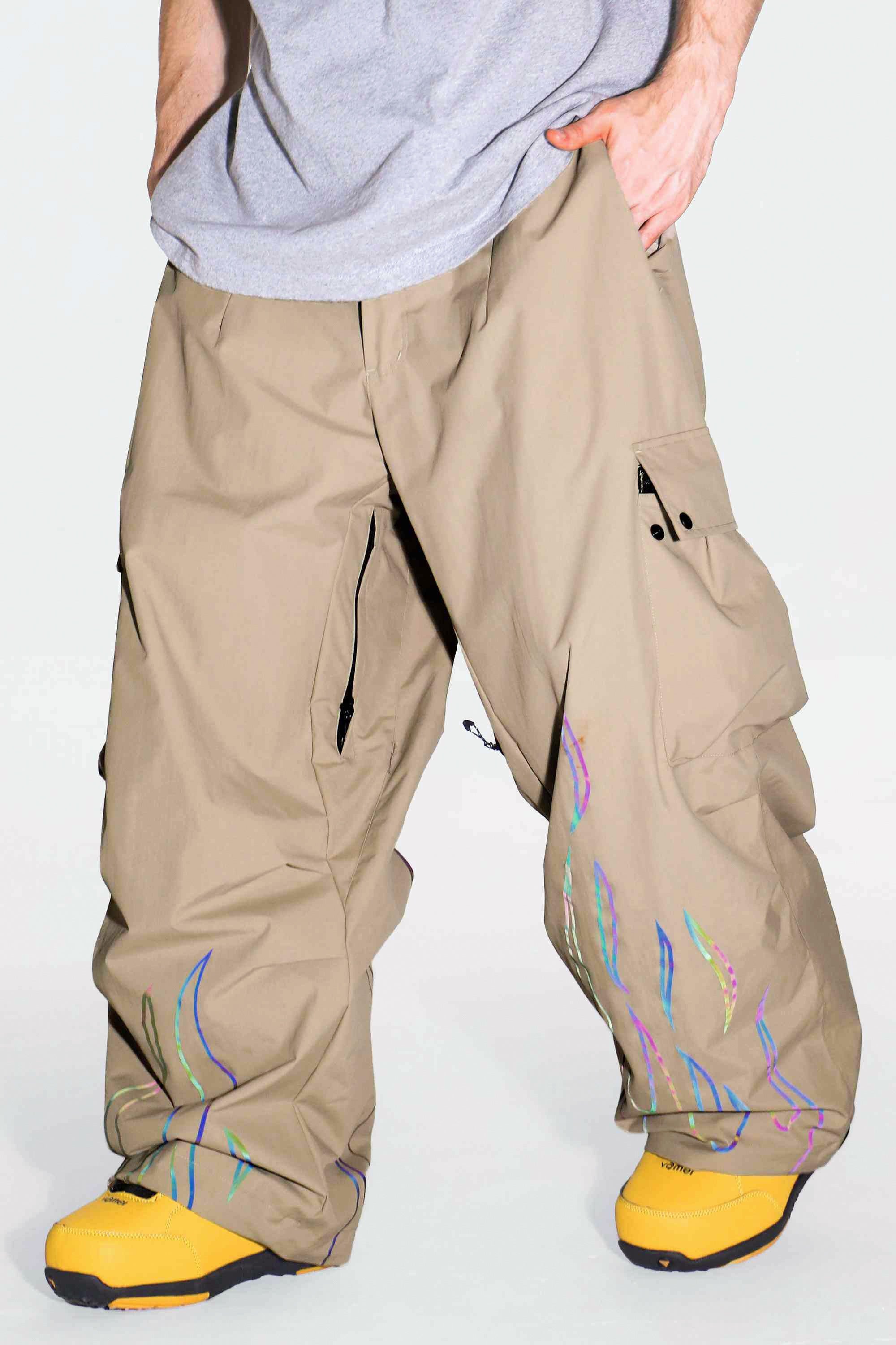 Men's Khaki Reflective Flame Ski Pants Baggy Utility Snow Pants