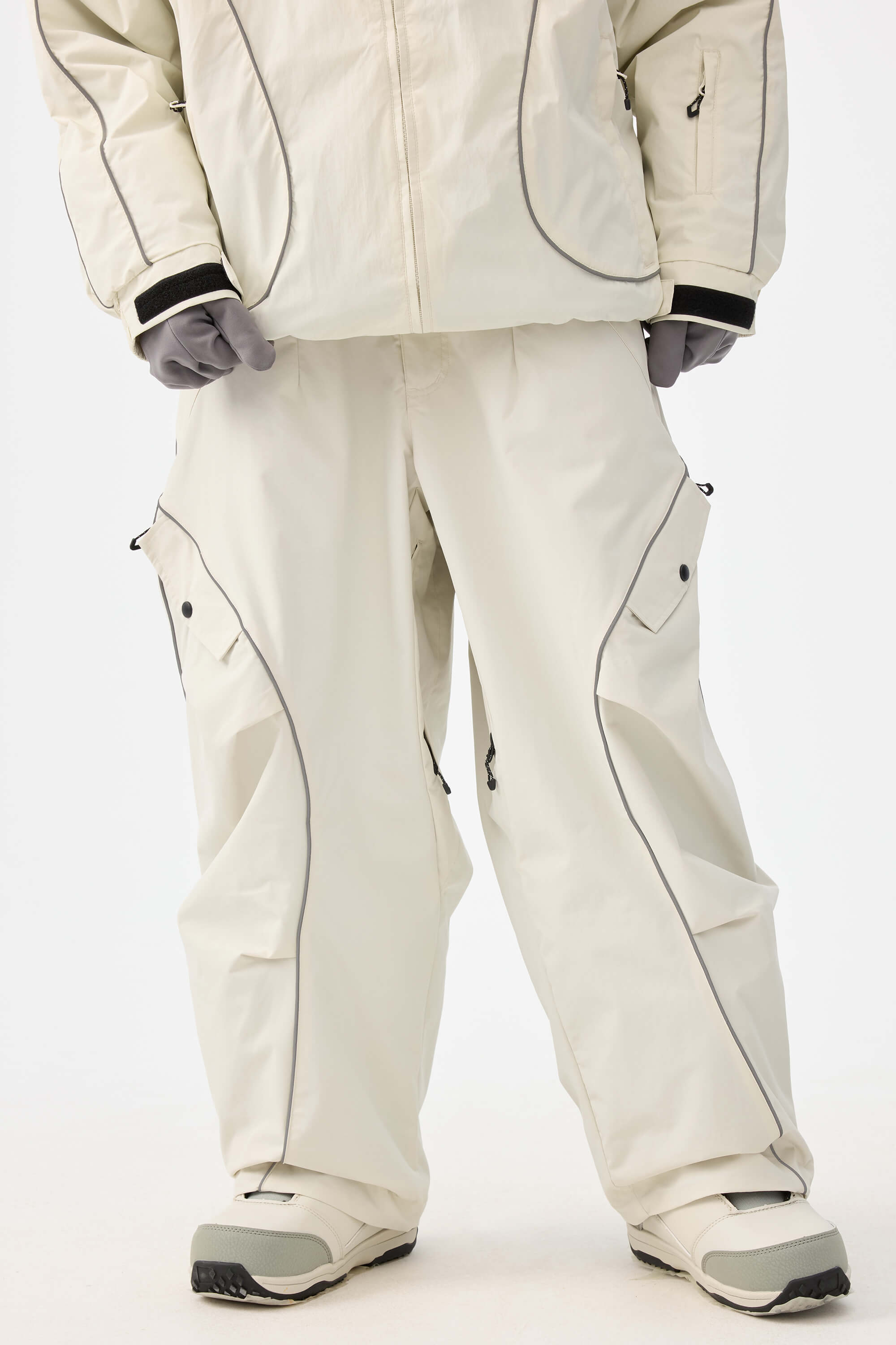 Women's Off White Retro Track Ski Pants Reflective Piping Baggy Snow Pants Main image
