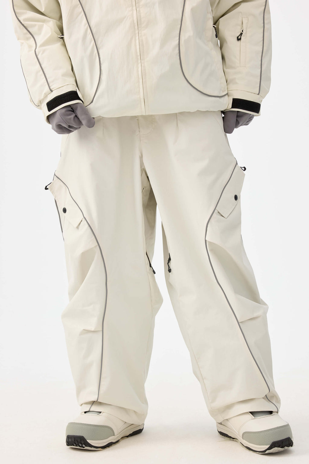 Women's Black Retro Track Ski Pants Reflective Piping Baggy Snow Pants