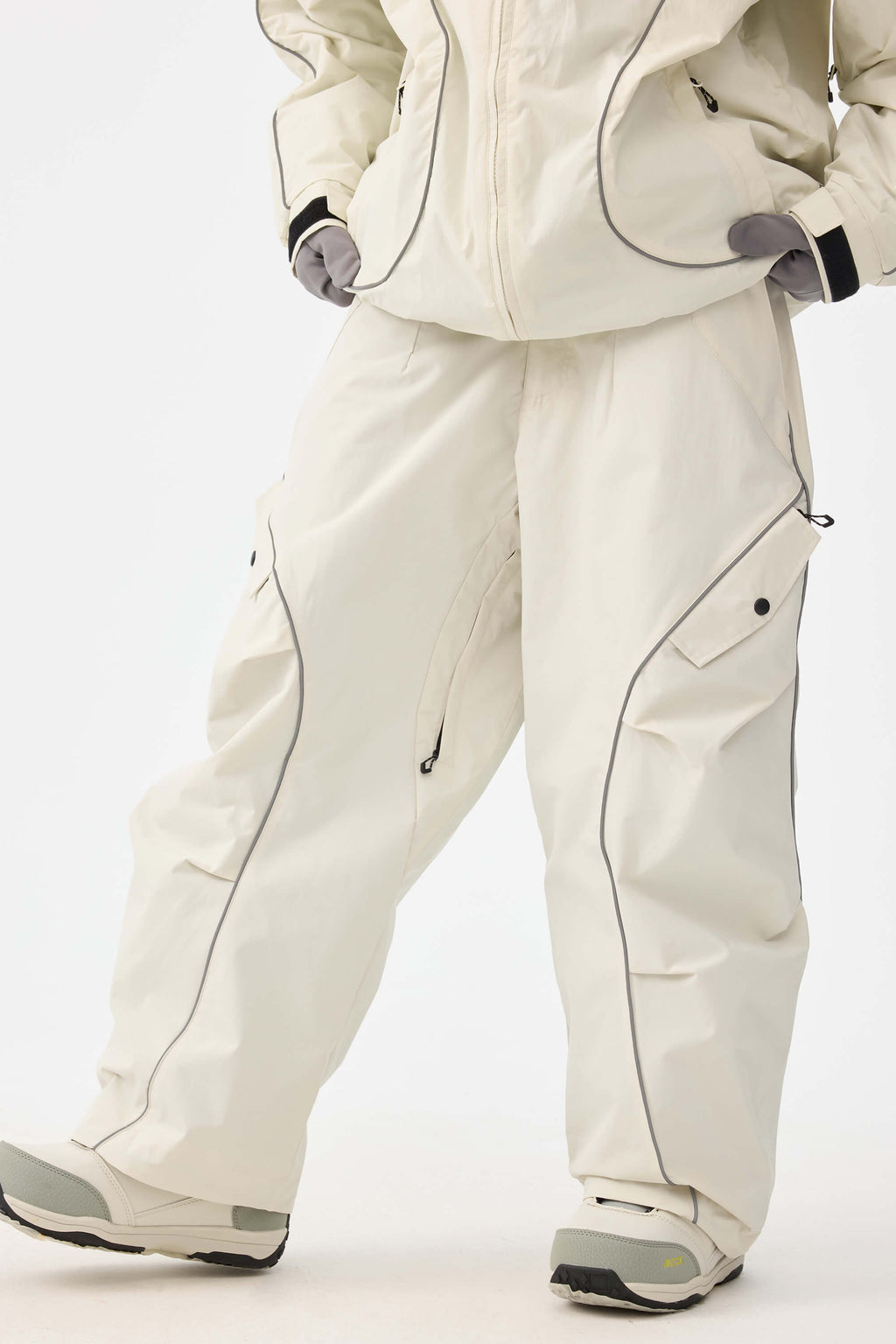Women's Off White Retro Track Ski Pants Reflective Piping Baggy Snow Pants