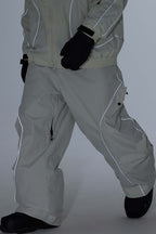 Men's Khaki Retro Track Ski Pants Reflective Piping Baggy Snow Pants