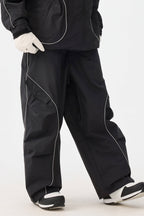 Women's Black Retro Track Ski Pants Reflective Piping Baggy Snow Pants