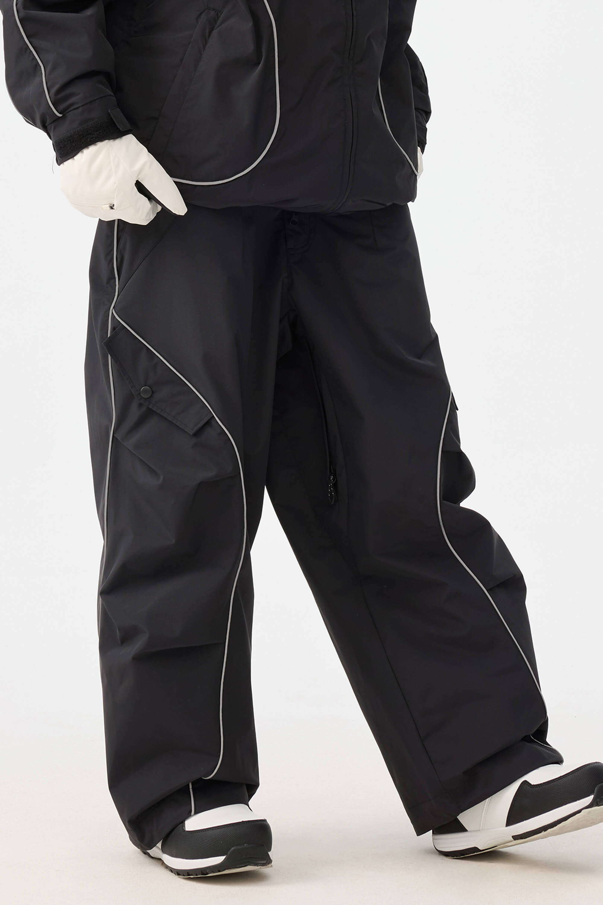 Women's Black Retro Track Ski Pants Reflective Piping Baggy Snow Pants