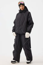 Women's Black Retro Track Ski Pants Reflective Piping Baggy Snow Pants