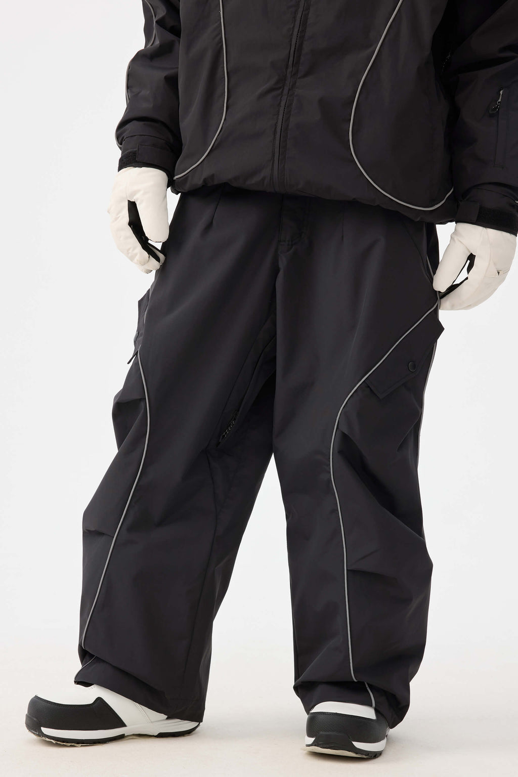 Women's Black Retro Track Ski Pants Reflective Piping Baggy Snow Pants