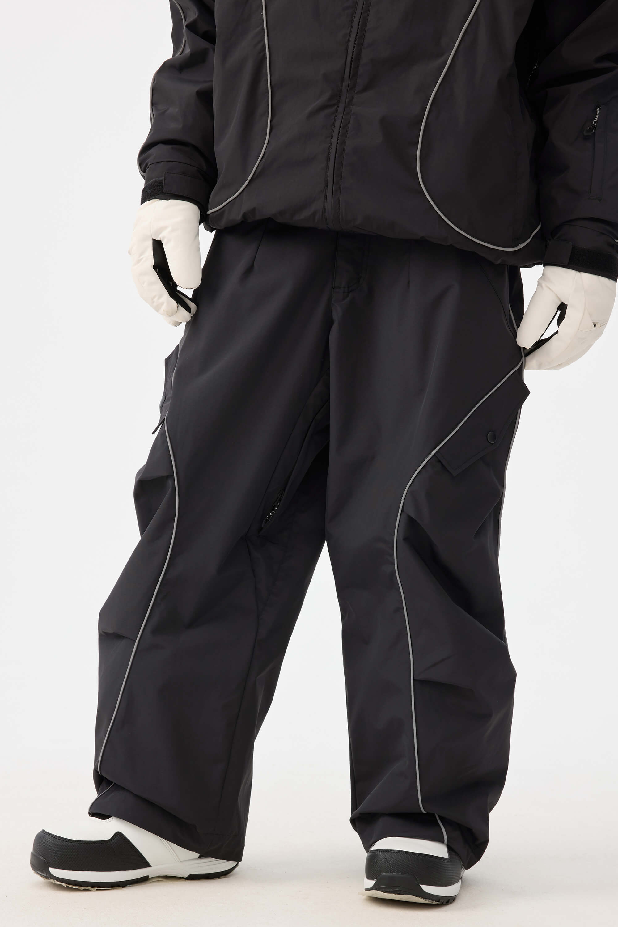 Women's Black Retro Track Ski Pants Reflective Piping Baggy Snow Pants