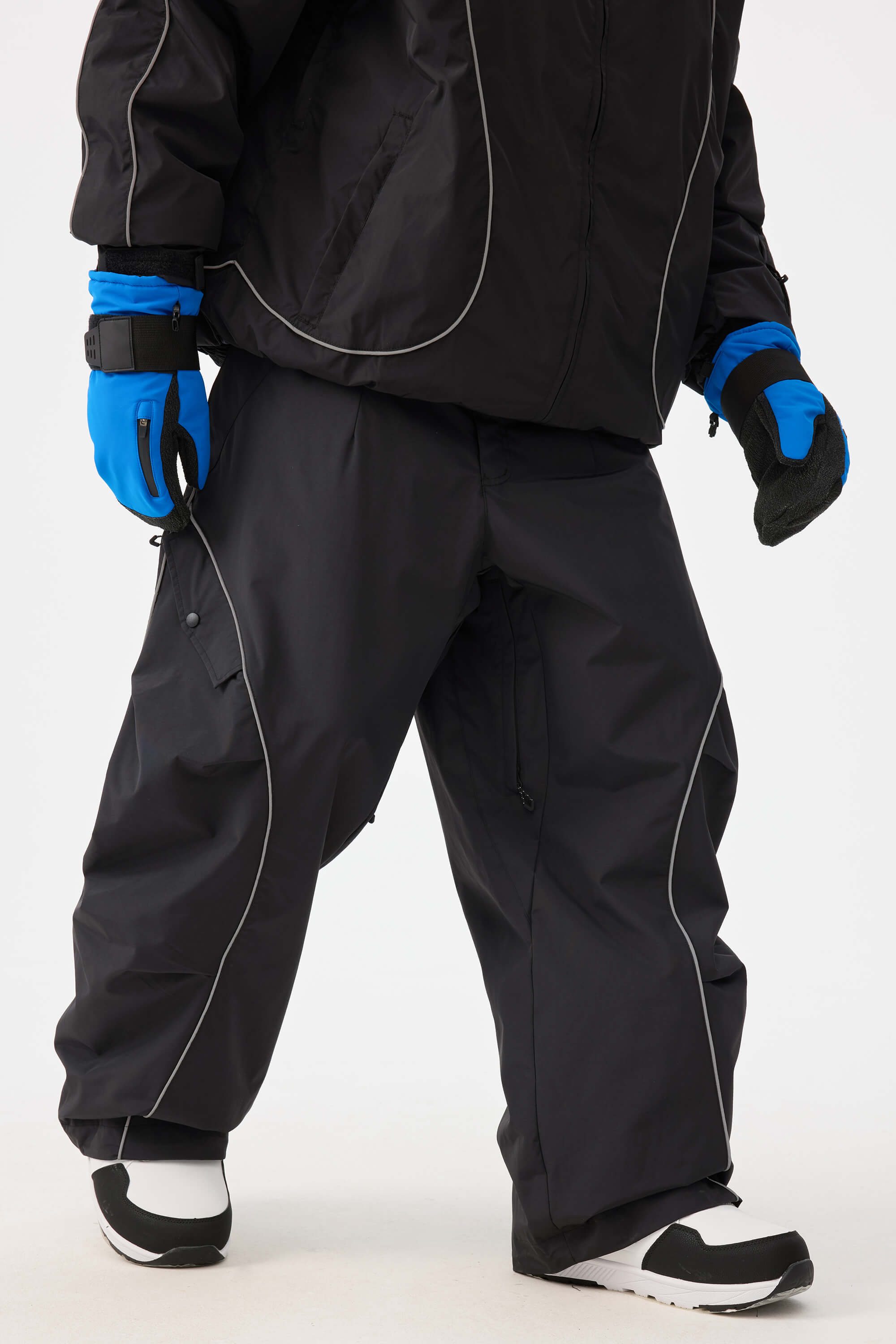 Men's Black Retro Track Ski Pants Reflective Piping Baggy Snow Pants