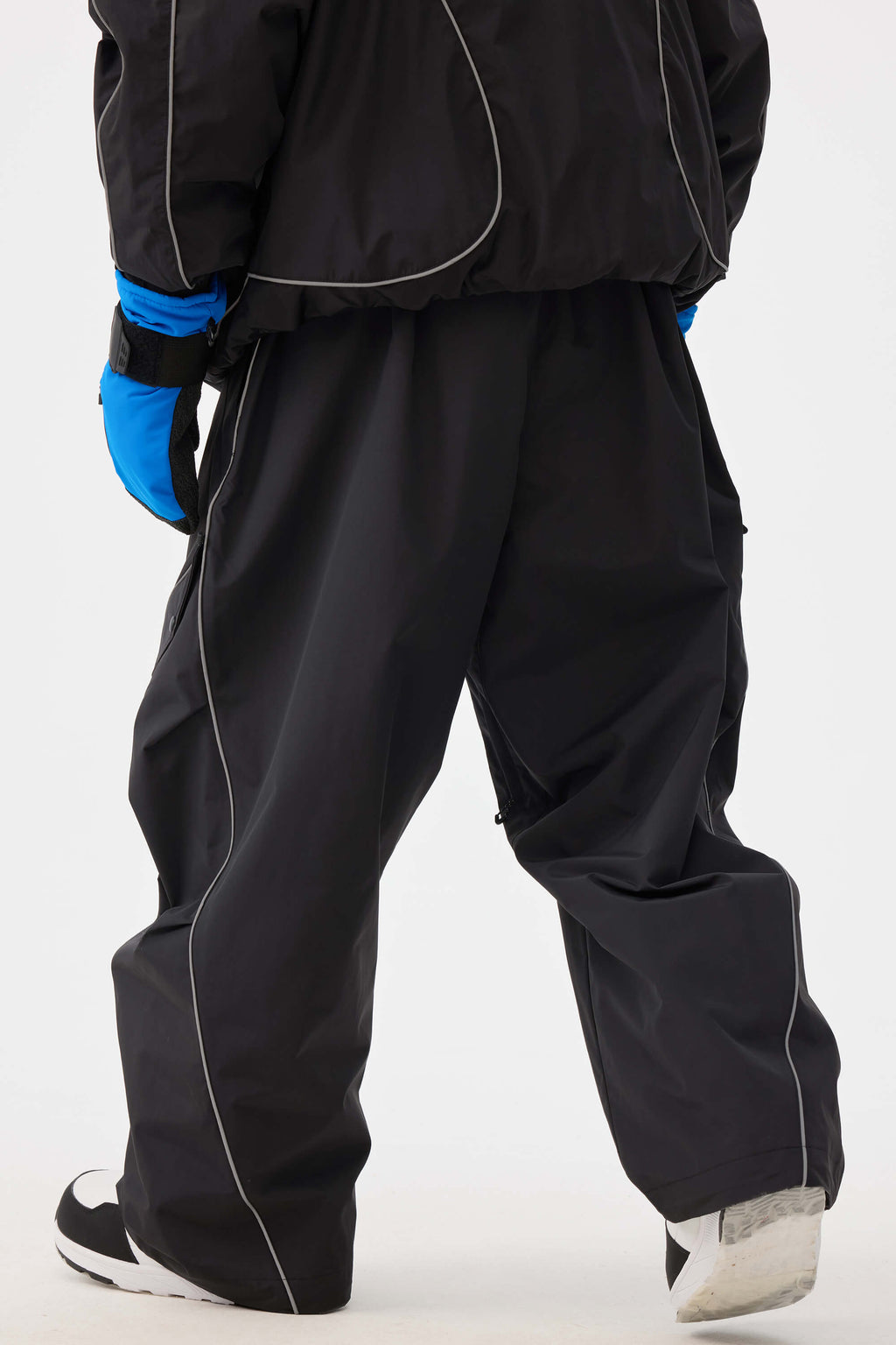 Men's Black Retro Track Ski Pants Reflective Piping Baggy Snow Pants