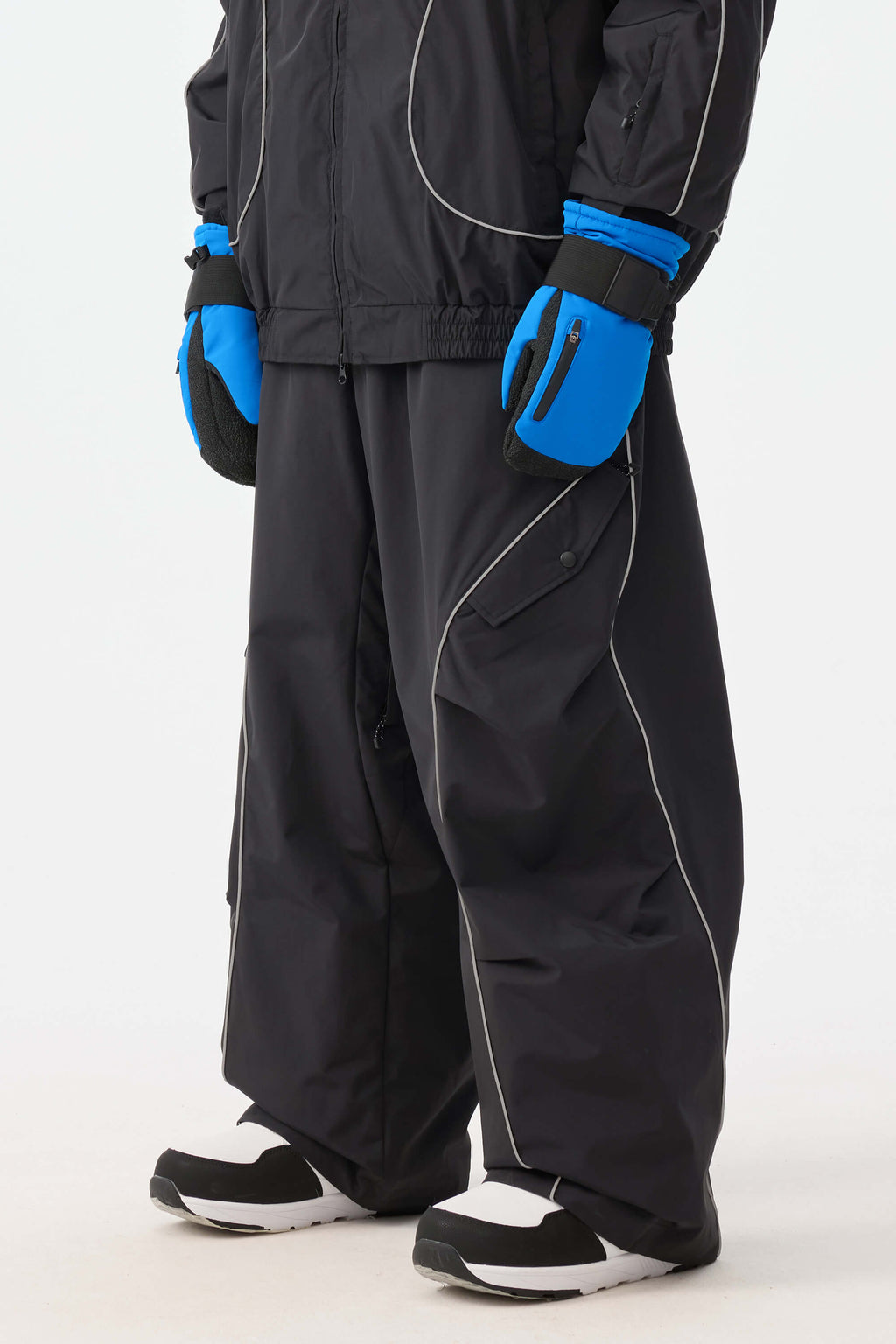 Men's Black Retro Track Ski Pants Reflective Piping Baggy Snow Pants