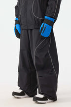 Men's Black Retro Track Ski Pants Reflective Piping Baggy Snow Pants