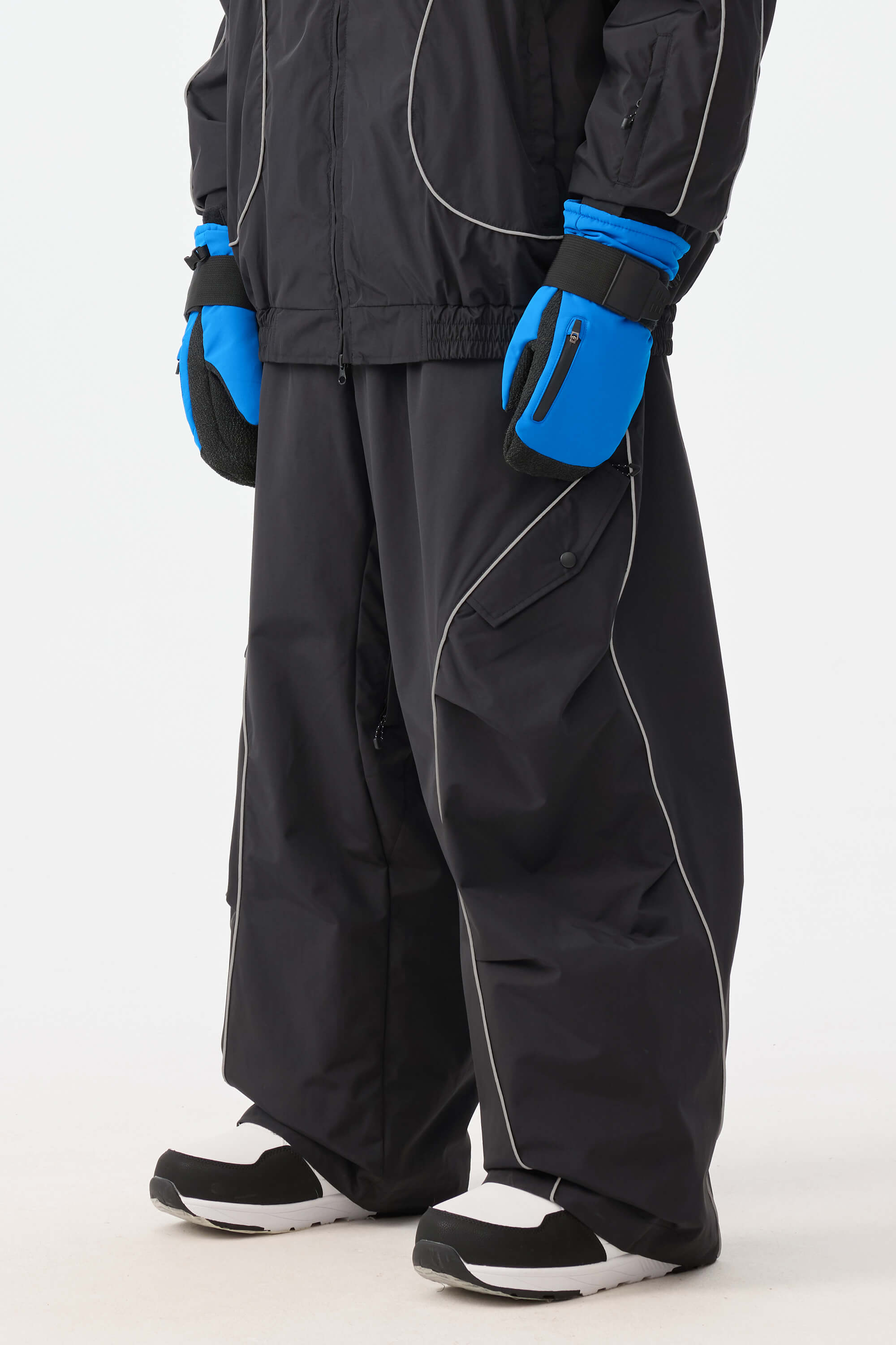 Men's Black Retro Track Ski Pants Reflective Piping Baggy Snow Pants