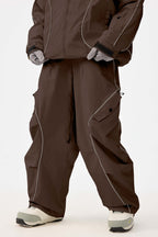 Women's Coffee Retro Track Ski Pants Reflective Piping Baggy Snow Pants