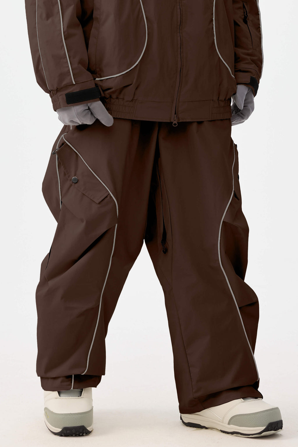 Women's Coffee Retro Track Ski Pants Reflective Piping Baggy Snow Pants