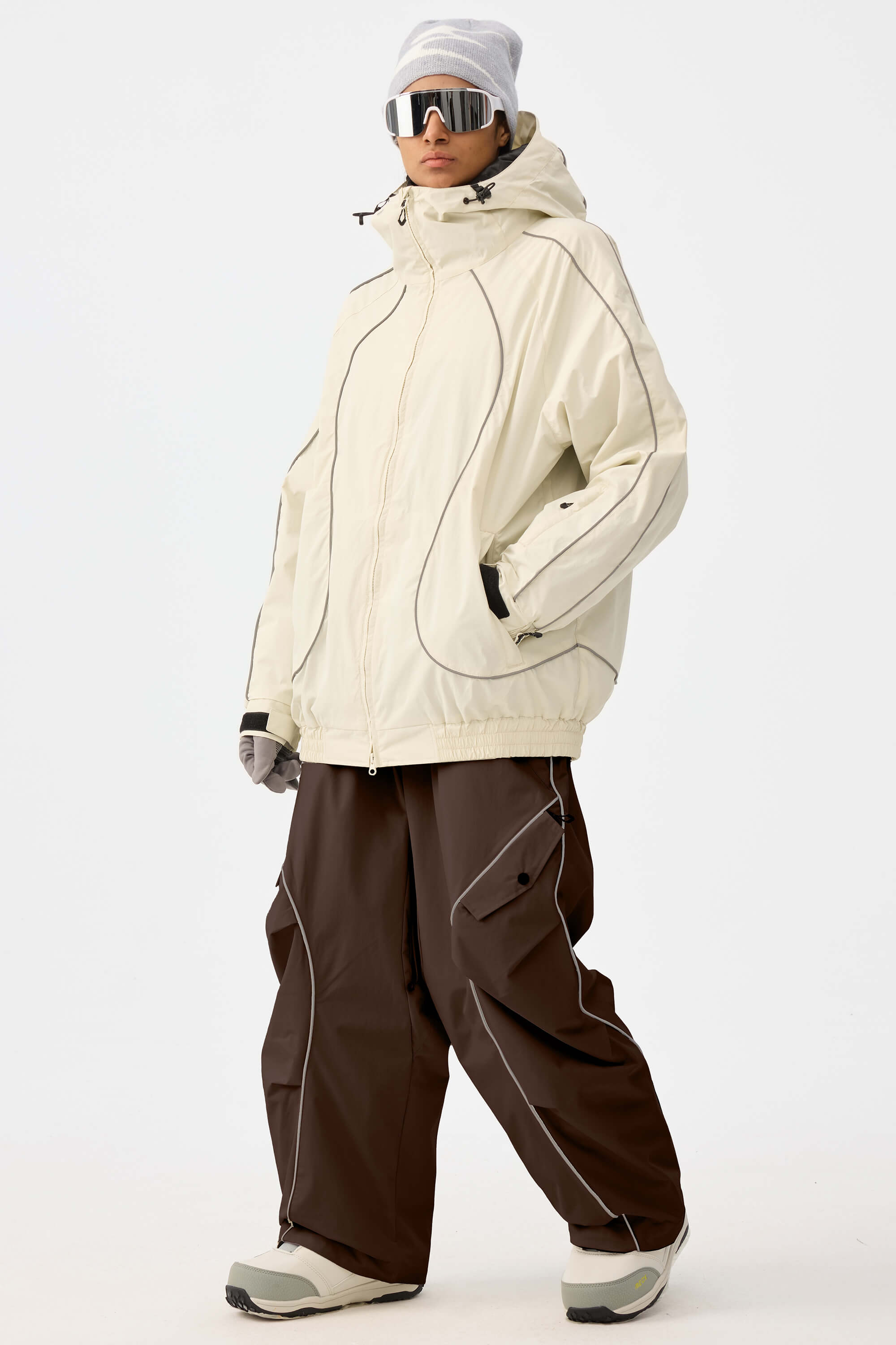 Women's Khaki Retro Track Ski Pants Reflective Piping Baggy Snow Pants
