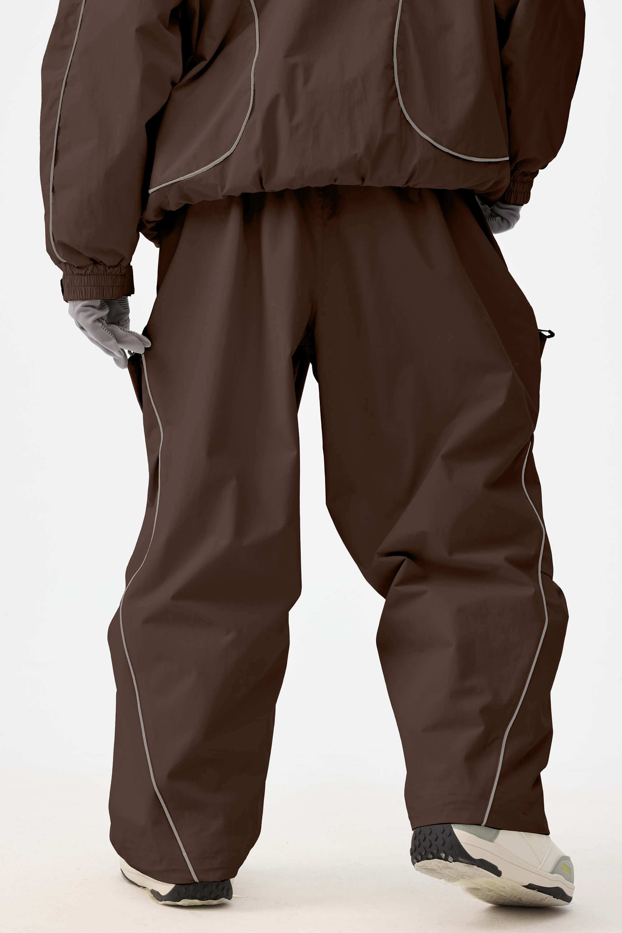 Women's Coffee Retro Track Ski Pants Reflective Piping Baggy Snow Pants
