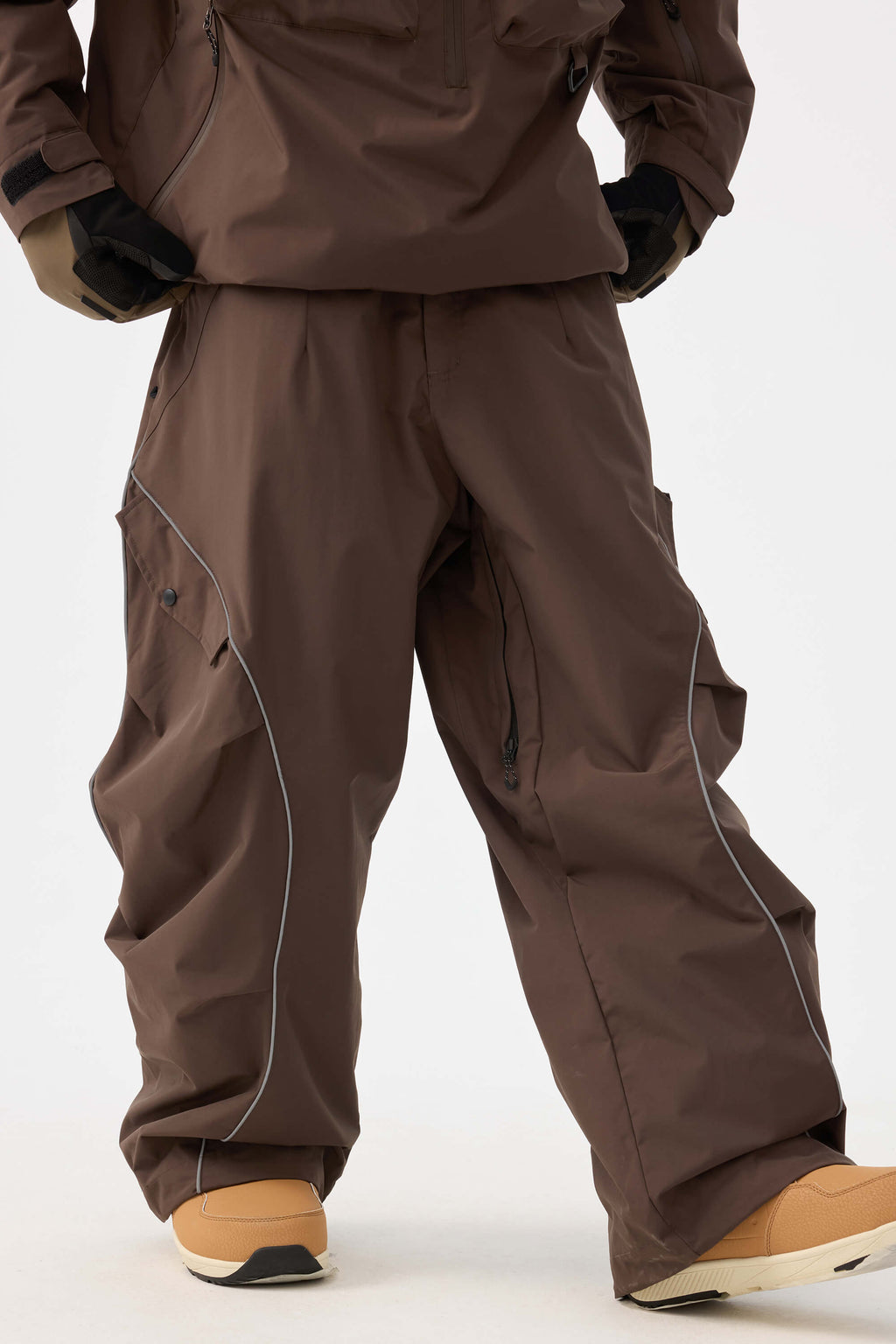 Men's Coffee Retro Track Ski Pants Reflective Piping Baggy Snow Pants