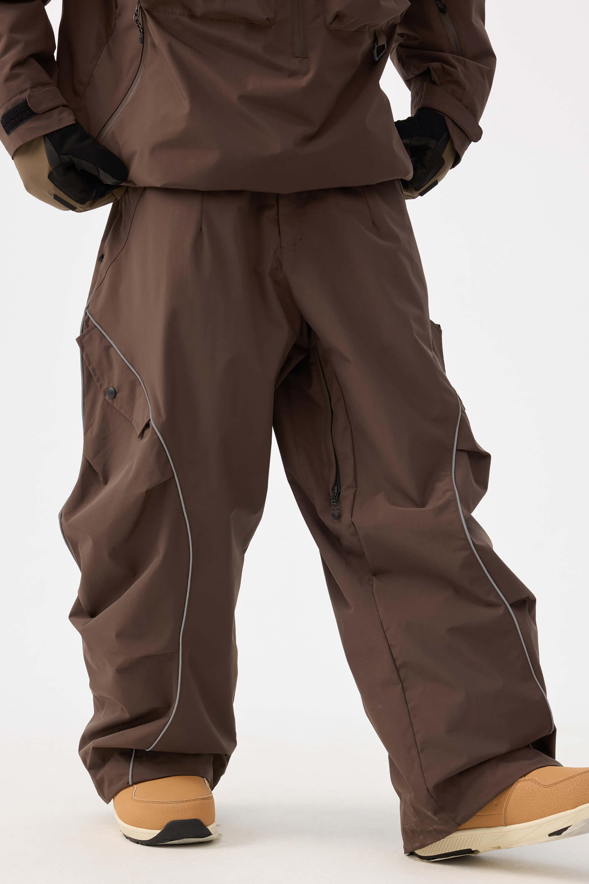 Men's Coffee Retro Track Ski Pants Reflective Piping Baggy Snow Pants
