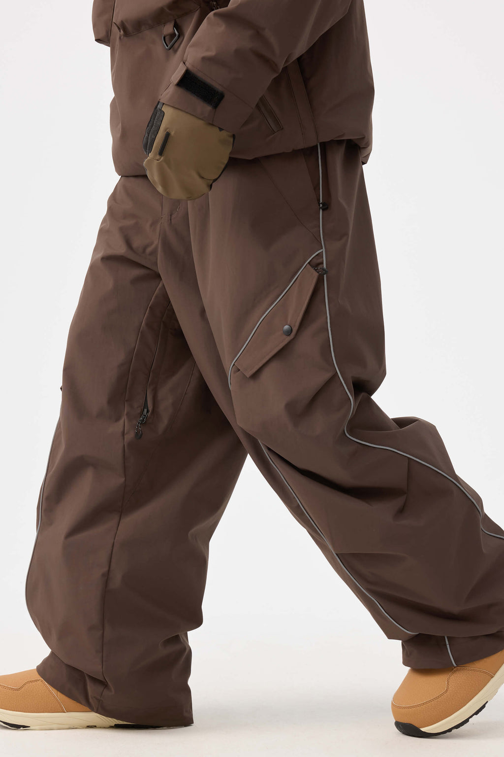 Men's Coffee Retro Track Ski Pants Reflective Piping Baggy Snow Pants