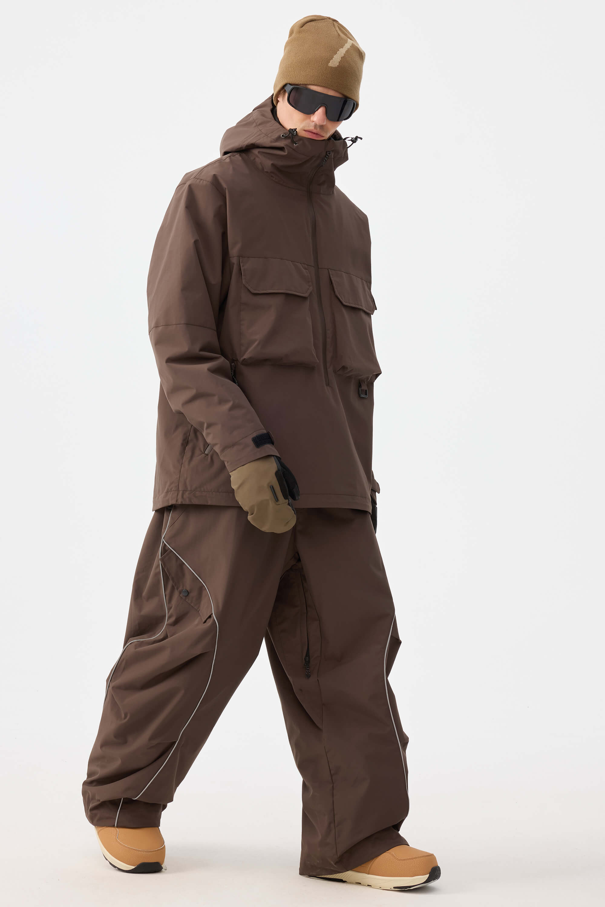 Men's Coffee Retro Track Ski Pants Reflective Piping Baggy Snow Pants