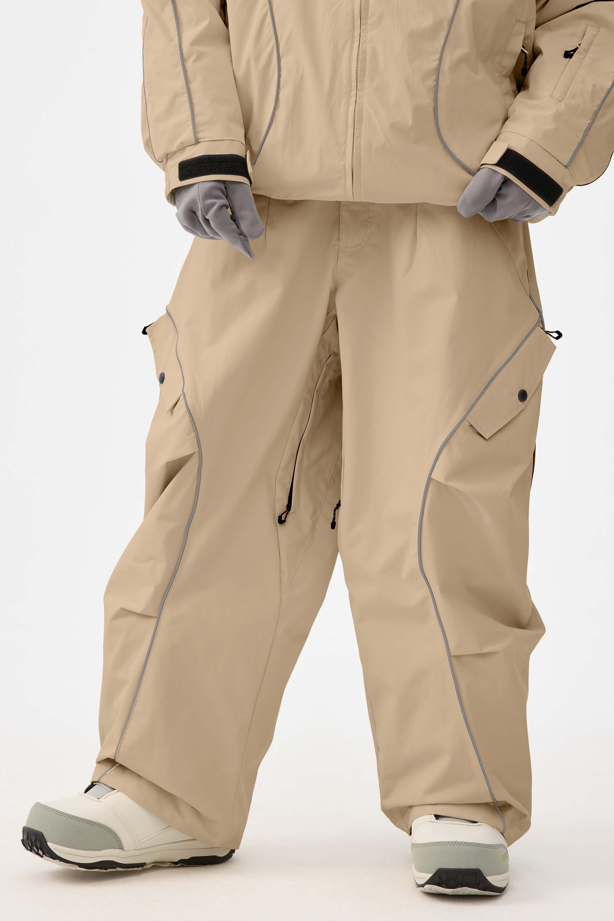 Women's Khaki Retro Track Ski Pants Reflective Piping Baggy Snow Pants Main image