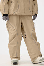 Women's Khaki Retro Track Ski Pants Reflective Piping Baggy Snow Pants