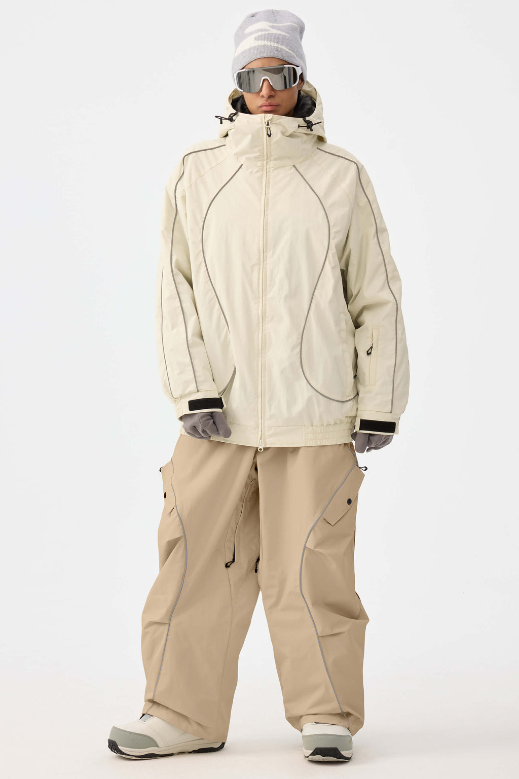 Women's Coffee Retro Track Ski Pants Reflective Piping Baggy Snow Pants