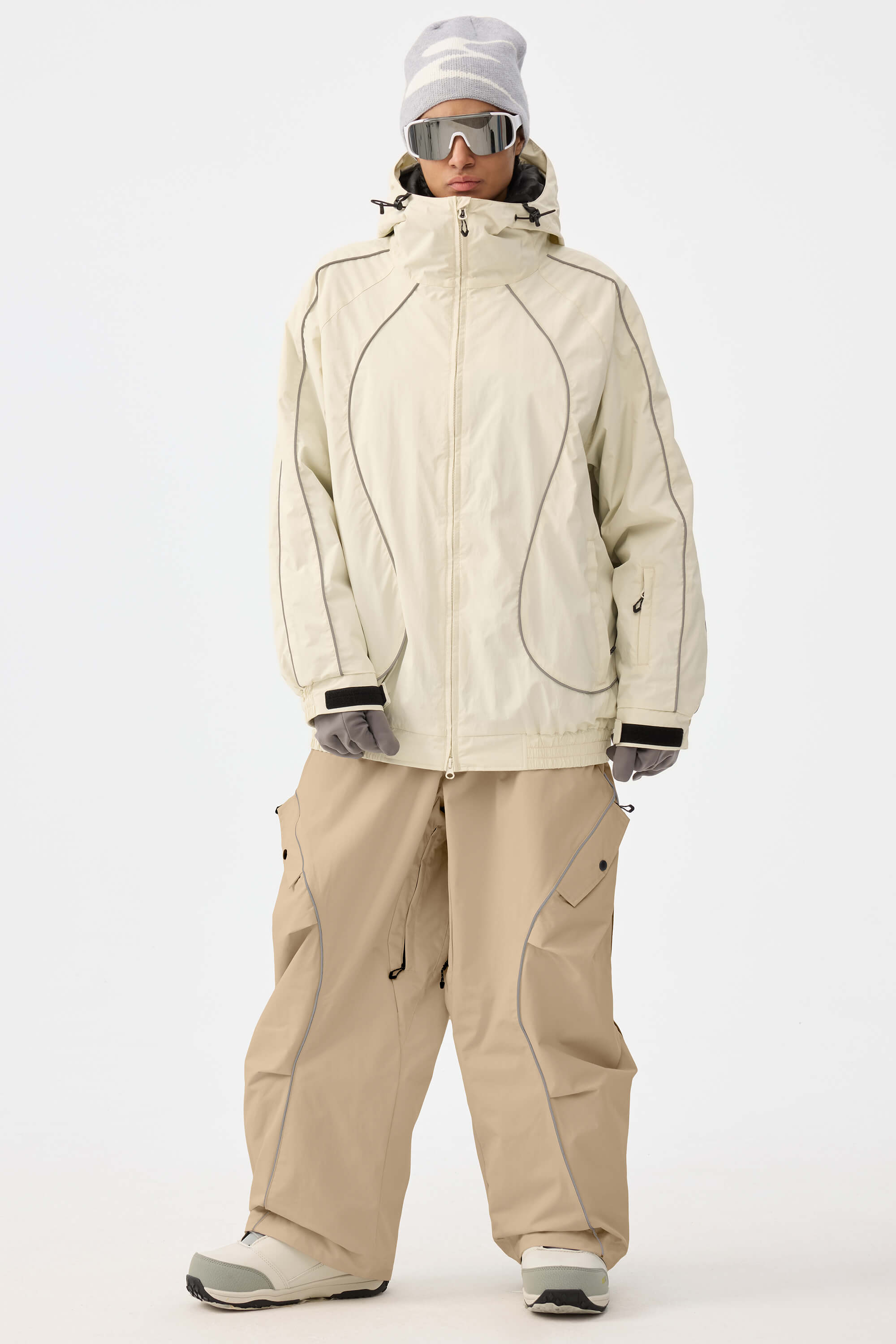Women's Coffee Retro Track Ski Pants Reflective Piping Baggy Snow Pants