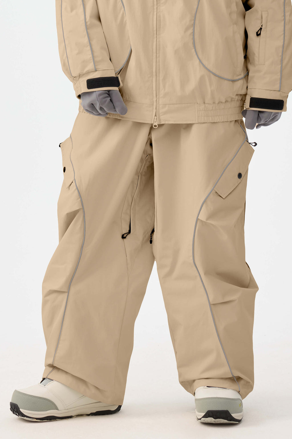 Women's Khaki Retro Track Ski Pants Reflective Piping Baggy Snow Pants