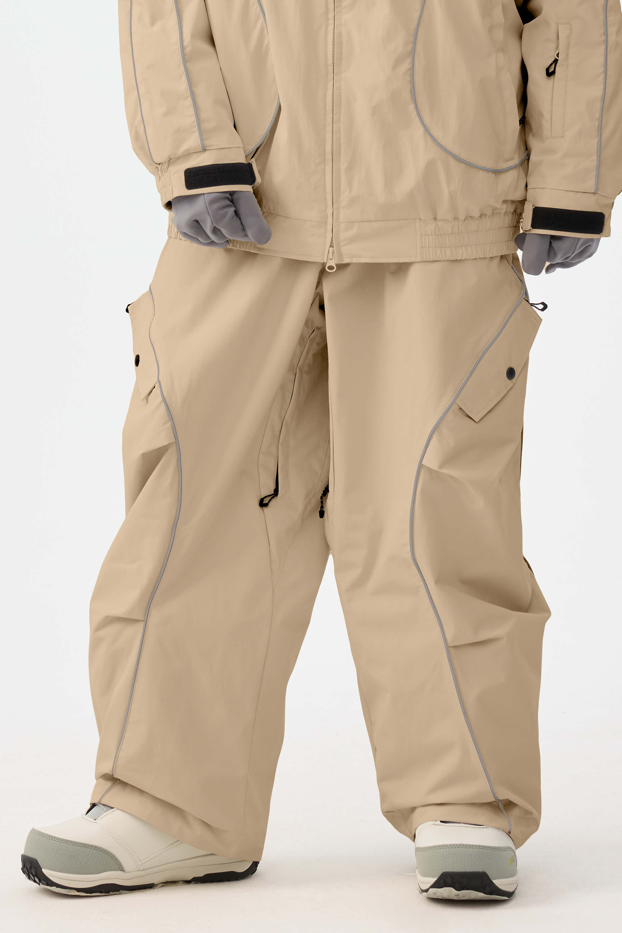 Women's Khaki Retro Track Ski Pants Reflective Piping Baggy Snow Pants