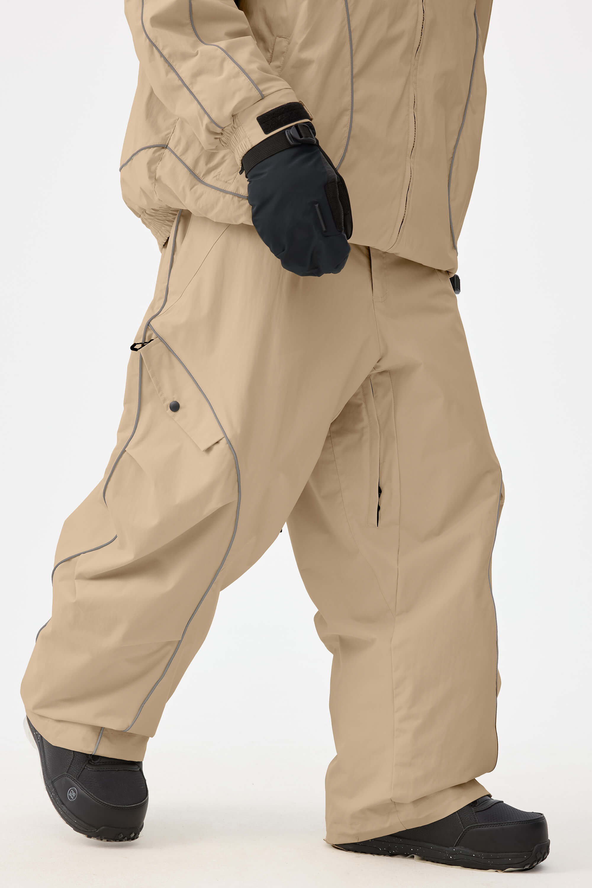 Men's Coffee Retro Track Ski Pants Reflective Piping Baggy Snow Pants